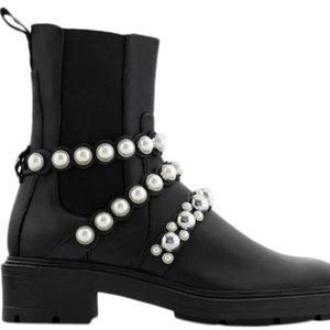 New Zara Black Leather Pearl Strap Low Heeles Ankle Boots Size US 7.5